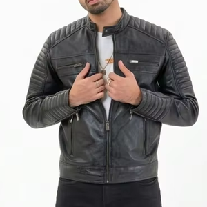 Veste de moto en cuir noir vieilli pour homme MICAH CORPORATION, style Cafe Racer, avec épaules et bras côtelés - Product Image 1
