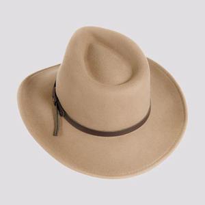 Sombrero Vaquero Occidental de Fieltro de Lana Beige Personalizado al por Mayor, Estilo Fedora de Ala Ancha con Banda de Cuero para Hombres y Mujeres - Product Image 1