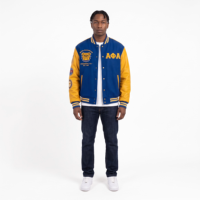 Veste universitaire unisexe de qualité supérieure, bleu et jaune, avec lettrage brodé, style preppy, col rabattu, coupe classique, automne/hiver