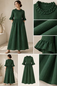 Vestido Midi de Lino/Algodón Tejido Verde Bosque para Mujer, Corte A, Manga Larga con Volantes, Ajuste Holgado para Uso Diario - Product Image 5