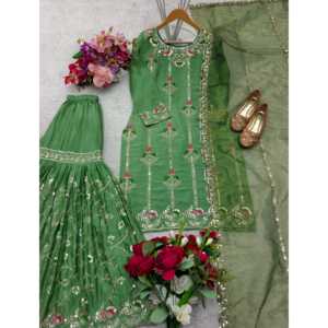 เสื้อปาร์ตี้ปักลายดีไซน์เนอร์-sarara และ dupatta กับลำดับการทำงานสำหรับชุดพรหม - Product Image 2