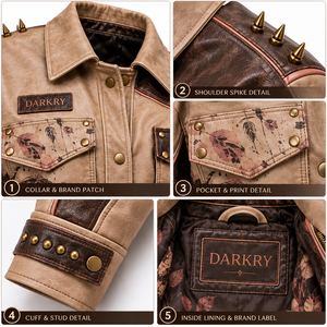 Chaqueta de cuero genuino beige para mujer, estilo motero, con estampado floral personalizado, botones a presión, bolsillos con solapa y detalles de púas, de fábrica. - Product Image 6