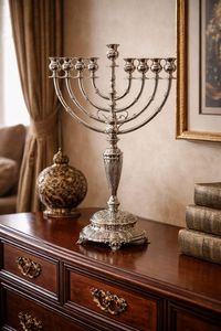 <b>Silver</b> Metal Menorah Traditional Rounded Arm Decorative Hanukkah Tabletop Religious Display - Product Image 5