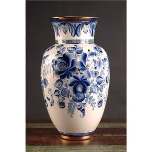Vase décoratif vintage en métal émaillé bleu floral de luxe avec bordure dorée, grand vase à fleurs pour la maison, les mariages, les hôtels, la décoration de table - Product Image 1