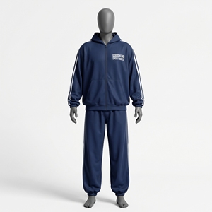 Conjunto Deportivo Azul Marino Oversize para Hombre con Cremallera, Sudadera con Capucha y Dos Rayas Blancas, Pantalones Jogger con Puños Elásticos y Logotipo en el Pecho, Traje Deportivo con Cremallera y Capucha - Product Image 1