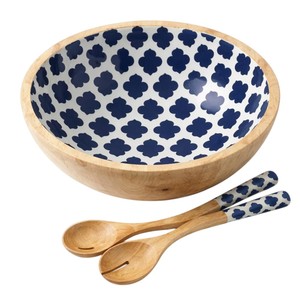 Juego de Ensaladera Grande de Madera de Mango Hecha a Mano con Cucharas de Esmalte a Cuadros Azules a Juego, Tazón Redondo para Servir Pasta y Bocadillos - Product Image 1