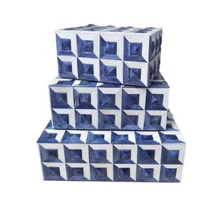 Juego de Cajas Redondas de Cerámica Hechas a Mano con Tapa, Pintadas a Mano con Patrón Geométrico Azul y Blanco, Decoración Ligera para el Hogar - Product Image 1