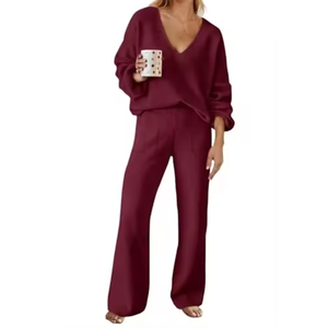 Conjunto de Suéter Tejido con Cuello en V para Mujer, Manga Larga, Color Sólido, Top y Pantalones de Punto para Otoño, Conjunto de 2 Piezas - Product Image 5