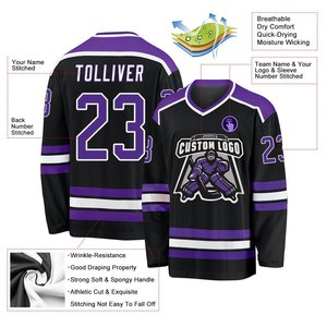 Design Your Own Hockey Jersey Long Sleeve Team Uniform With V-neck Collar Black & Purple Stripes Personalized Wholesale - Product Image 3