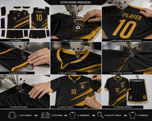 Nuevo Conjunto de Uniforme de Fútbol Personalizado Negro y Dorado para Hombre, Sublimado, Cuello en V, Bolsillos Laterales, Transpirable, Secado Rápido, Ropa Deportiva para Equipo - Product Image 6