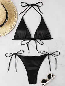 Ensemble bikini sexy pour femme, haut triangle à nouer, bas string, deux pièces, couleur unie, extensible, séchage rapide, plissé, maillot de bain pour vacances à la plage - Product Image 5