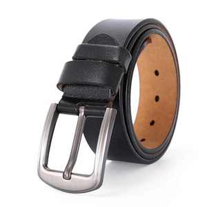 Ceinture en cuir véritable noir avec boucle rectangulaire argentée, formelle, durable, en cuir de vache, largeur 1 3/8 pouces - Product Image 1