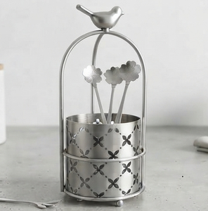 Porte-couverts en métal argenté avec décor d'oiseau, organisateur d'ustensiles vintage perforé pour la cuisine - Product Image 4