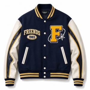 Veste universitaire marine pour homme avec patch logo personnalisé brodé, style preppy, fermeture boutonnée sur le devant - Product Image 1