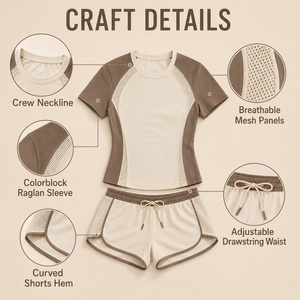 Ensemble de sport 2 pièces pour femme, beige et marron, avec empiècements en maille, manches courtes, col rond, tenue de sport printemps-été - Product Image 4