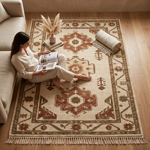 Artisan <b>Crafted</b> Vintage Oriental <b>Wool</b> Rug Traditional Geometric Pattern Handmade Carpet With Fringe for Luxury Home - Product Image 2