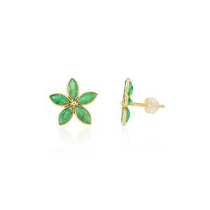 18K Gold Five Stone <b>Emerald</b> Flower <b>Stud</b> <b>Earrings</b> with Freshwater Pearl and Diamond - Product Image 6