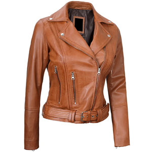 Veste de moto en cuir véritable pour femme avec fermeture éclair, manches longues, col rabattable, respirante, séchage rapide, style hiver - Product Image 4
