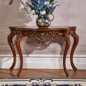 Console de style victorien en forme de demi-lune, ornée de sculptures florales complexes et de pieds cabriolés classiques, pour salon, usage intérieur. - Product Image 3