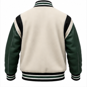 Blouson Bomber Letterman en Gros Direct Usine – Corps Crème Blanc Cassé, Manches en Cuir Vert Forêt, Boutons Pression Noirs – OEM - Product Image 2