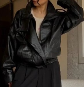 Veste de moto en cuir véritable pour femme, col montant, fermeture éclair, manches longues, noir uni, style motard, coupe-vent d'automne - Product Image 3