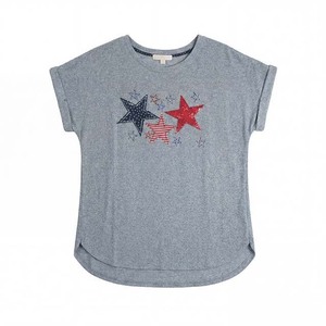 Gray Cap Sleeve T-<b>Shirt</b> With <b>Star</b> Print Loose Fit Crew Neck Casual Jersey 100% Cotton Breathable All Seasons - Product Image 4