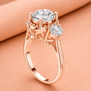 Anillo de compromiso de lujo de oro rosa con halo de perlas y tres piedras de moissanita, con diseño de tallo dividido, joyería fina nupcial, regalo para mujer - Product Image 3