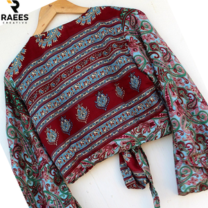 Top Corto de Seda de Alta Calidad con Mangas de Campana y Lazos, Traje de Danza del Vientre, Blusa Estilo Años 60 y 70, Ropa para Festivales - Product Image 6