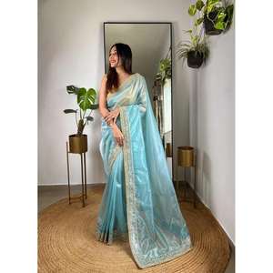 TEJIDO DE FANTASÍA BORDADO DE SECUENCIA ESPEJO MOTI ENCAJE BORDE TRABAJO SAREE CON BLUSA DESCOSTADA SKY - Product Image 1