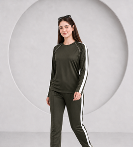 Chándal de Manga Larga Verde Oliva para Mujer con Rayas Blancas, de Secado Rápido, Cuello Redondo Deportivo, Corte Regular, para Primavera - Product Image 1
