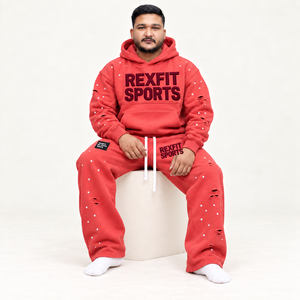 ชุดฮู้ดดี้และกางเกงวอร์มสีแดงสำหรับผู้ชาย REXFIT SPORTS สไตล์สตรีท ผ้าเฟรนช์เทอร์รี่แบบดิสเทรส ใส่ได้ในฤดูหนาว ระบายอากาศได้ดี ผ้าฝ้าย 100% น้ำหนัก 400 กรัม - Product Image 3