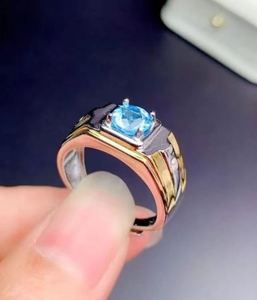 Bague de mariage et de fiançailles pour homme en topaze bleue, plaqué or 14 carats, argent, pierre naturelle taille brillant ronde, bijoux de luxe - Product Image 6