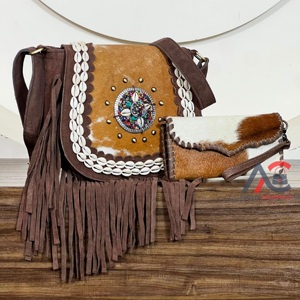 Bolso Bandolera de Cuero Vacuno de Alta Calidad y Gran Capacidad, Nuevo, Hecho a Mano, con Cremallera y Flecos, con Cartera Tipo Clutch, Juego de Dos Piezas - Product Image 1