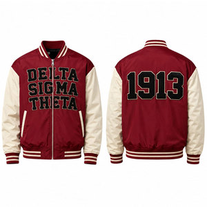 เสื้อแจ็คเก็ตบอมเบอร์ Delta Sigma Theta สีครีม แขนสีแดง พิมพ์ลายปี 1913 ด้านหลัง ซิปหน้า สไตล์ Preppy สำหรับผู้ชาย เสื้อแจ็คเก็ตสไตล์วิทยาลัย - Product Image 4