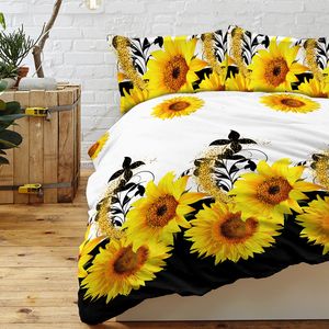 Set Copripiumino 3 Pezzi con Sfondo Bianco e Nero e Girasoli, Biancheria da Letto in Poliestere con Fiori Gialli per Adulti, Decorazione Camera da Letto, Misura Singola - Product Image 1