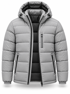 Men's Gray Hooded Puffer Jacket <b>Waterproof</b> Quick Dry Front Logo Windproof Zipper Closure 100% Polyester <b>Winter</b> Casual <b>Coat</b> - Product Image 3