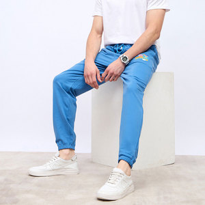 Pantalon de jogging décontracté pour homme, bleu brodé, taille élastique, en coton mi-lourd avec cordon de serrage, idéal pour le printemps - Product Image 5