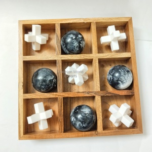 เกมติ๊กแท็กโทไม้กลมและหินอ่อนธรรมชาติ พร้อมถาดไม้และชุดตกแต่งทองเหลือง โดย Fashion World Exports - Product Image 5