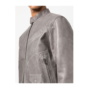 <b>Men's</b> Gray <b>Leather</b> <b>Jacket</b> With Zipper Closure And Pockets Stand Collar Moto Style <b>Leather</b> <b>Jacket</b> Available For Online Sale - Product Image 4