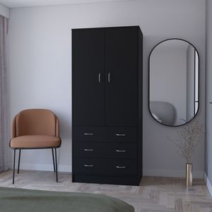 FM Furniture Prescott <b>Black</b> Armoire 2-<b>Door</b> <b>3</b>-Drawer <b>Wardrobe</b> with 1 Hanging Rod - Product Image 1