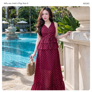 Vestido Maxi de Gasa con Botones y Estampado de Puntos Marrones para Mujer, Cuello en V, Sin Mangas, Cintura con Volantes, Estilo Casual para Playa o Vacaciones, Conjunto de Dos Piezas - Product Image 4
