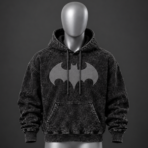 Sweat à capuche noir délavé pour homme, imprimé graphique personnalisé chauve-souris, pull oversize streetwear en molleton, mode décontractée, vente en gros - Product Image 1