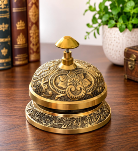 Vintage Solid <b>Brass</b> Service Desk <b>Bell</b> with Floral Engraved Design Hotel Reception Counter Call <b>Bell</b> Restaurant Office Home Decor - Product Image 5