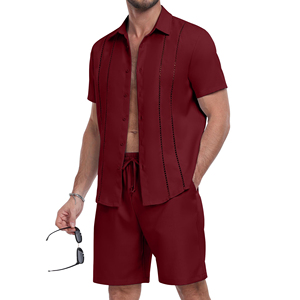 Ensemble chemise et short pour homme, vert olive, manches courtes, couleur unie, vêtements décontractés d'été, col rabattu, tissu polyester respirant - Product Image 3