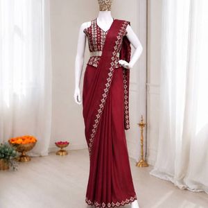 Sari en crêpe de soie lourd prêt-à-porter, broderie, travail de dentelle dorée, chemisier cousu, ceinture, prix de gros par Royal Export - Product Image 4