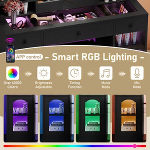 Tocador con Espejo LED de 43.2 Pulgadas, Gabinetes con Luces RGB, Superficie de Vidrio, 3 Cajones, Tocador de Maquillaje de ST - Product Image 4