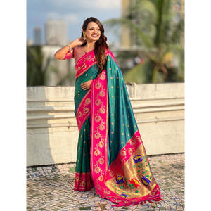 Green Soft Silk Lotus Paithani Saree <b>Indian</b> & <b>Pakistani</b> <b>Clothing</b> Elite Weaves 650g - Product Image 1