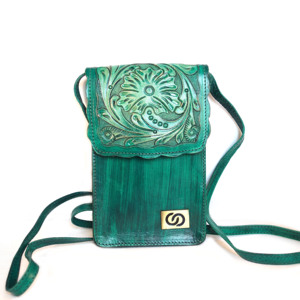 Bolso de Hombro de Cuero Vintage Unisex, Bolso de Viaje de Cuero Genuino, para Teléfono Móvil, Pasaporte, Tarjetas de Crédito, con Diseño Floral en Color Verde Azulado - Product Image 2