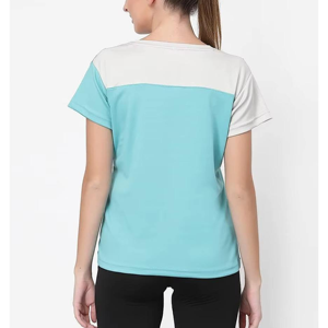 เสื้อยืดสปอร์ตบล็อกสีสำหรับผู้หญิง แขนสั้น คอกลม แห้งเร็ว ทรงพอดีตัว ใส่ได้ทั้งฤดูใบไม้ผลิและฤดูร้อน ผลิตจากโพลีเอสเตอร์ 100% - Product Image 2