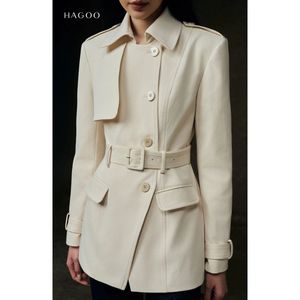 Slim-fit khaki jacket with a cinched waist Women Trench Coat Scarf Collar Belted Button Front Winter Outerwear [B8073] - Product Image 2